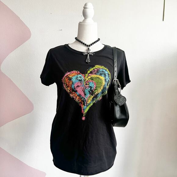 Black Rhinestone Heart T Shirt, Y2K, McBling, Bimbo, Kawaii, Large,‎ 2000s - Picture 1 of 4